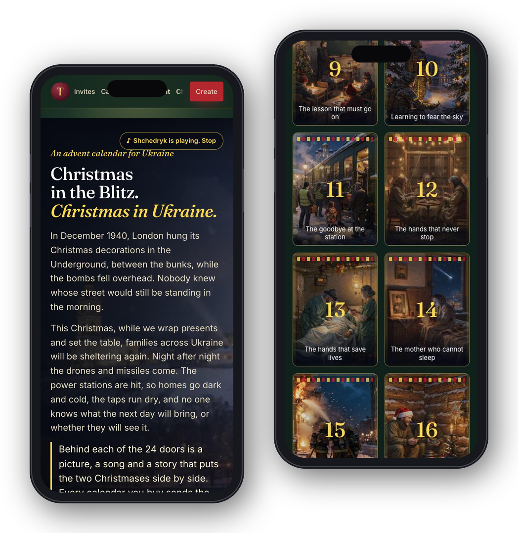 Two iPhones showing the Support for Ukraine advent calendar: the title page, Christmas in the Blitz, Christmas in Ukraine, and the grid of painted doors.