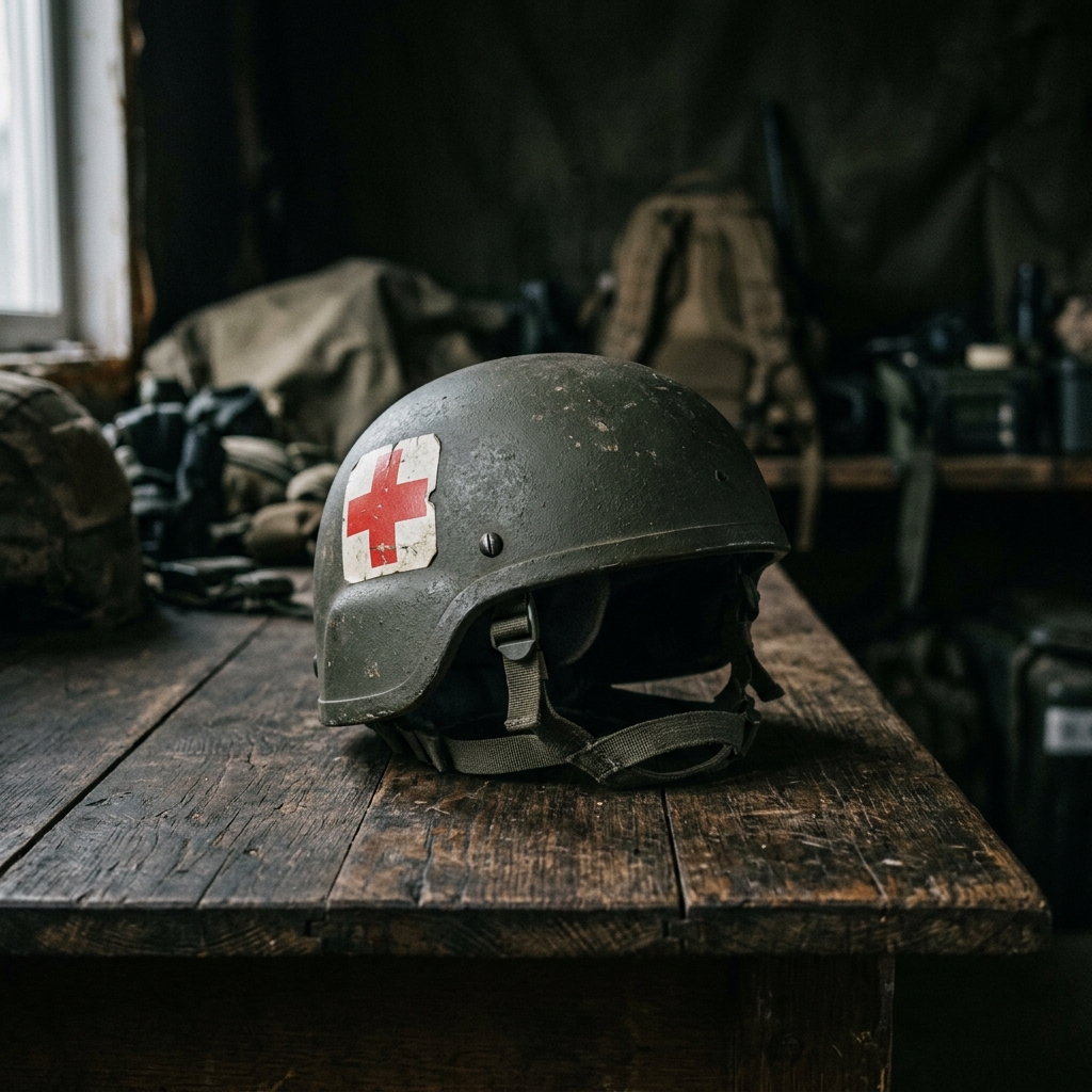 Military ballistic helmet with red cross medical marker