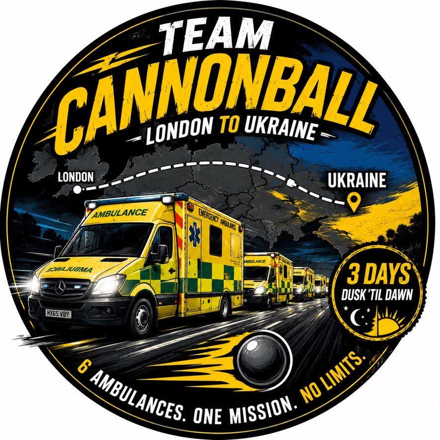 Team Cannonball crew badge: London to Ukraine, three days dusk til dawn, six ambulances, one mission, no limits