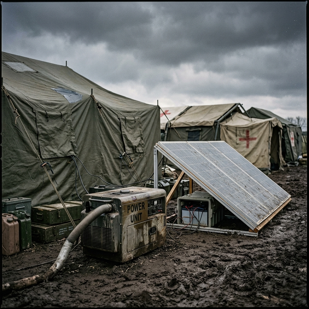 Portable generator and solar panels at a field hospital