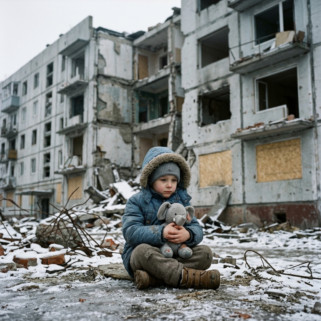 Young Ukrainian child sitting alone in rubble, holding a stuffed toy - Medaria Aid supports orphans and displaced children