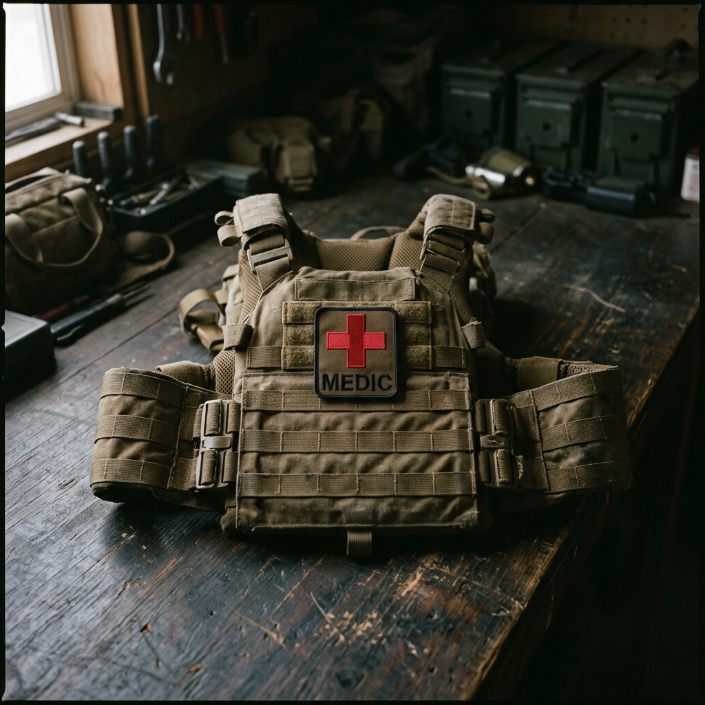 Plate carrier vest with MEDIC patch for frontline medics