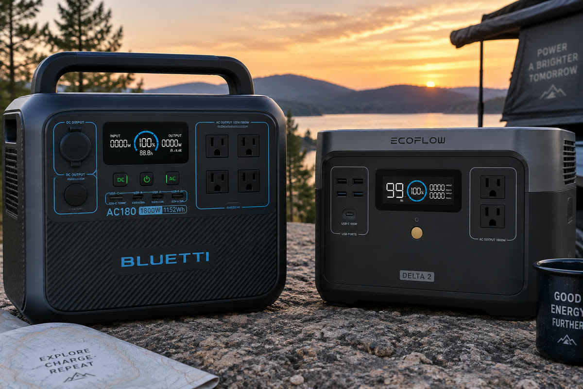 A Bluetti AC180 and an EcoFlow Delta 2 portable power station side by side at dusk
