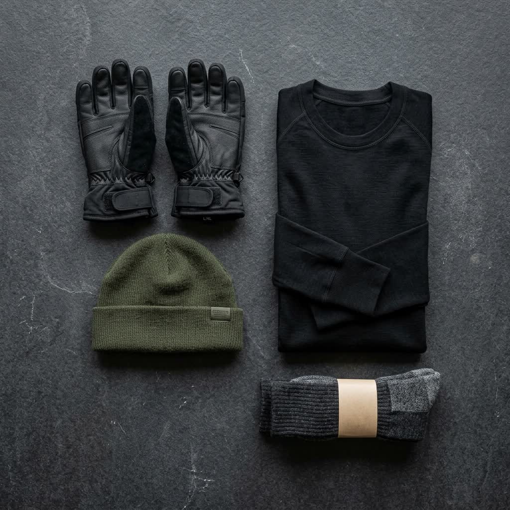 Military cold weather clothing bundle: gloves, beanie, thermal base layer and socks
