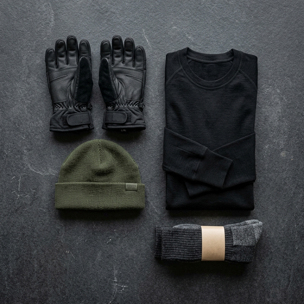 Military cold weather clothing bundle: gloves, beanie, thermal base layer and socks