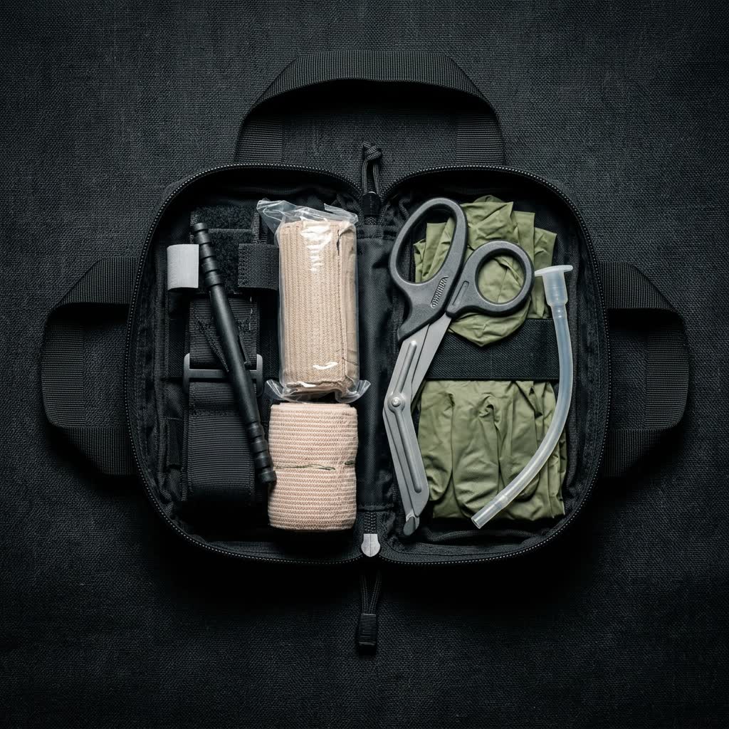 IFAK individual first aid kit open showing Cat C tourniquet, bandages, trauma shears and gloves