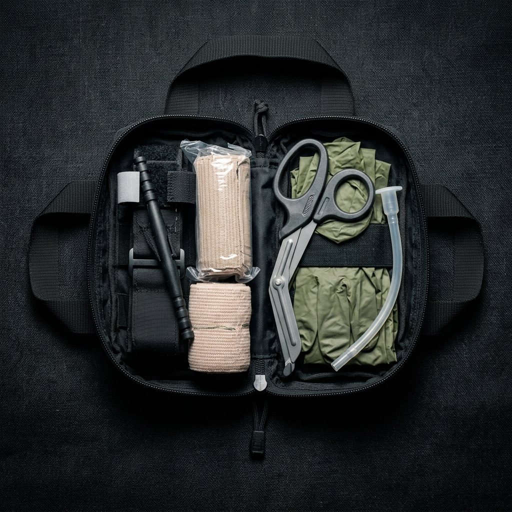 IFAK individual first aid kit open showing Cat C tourniquet, bandages, trauma shears and gloves