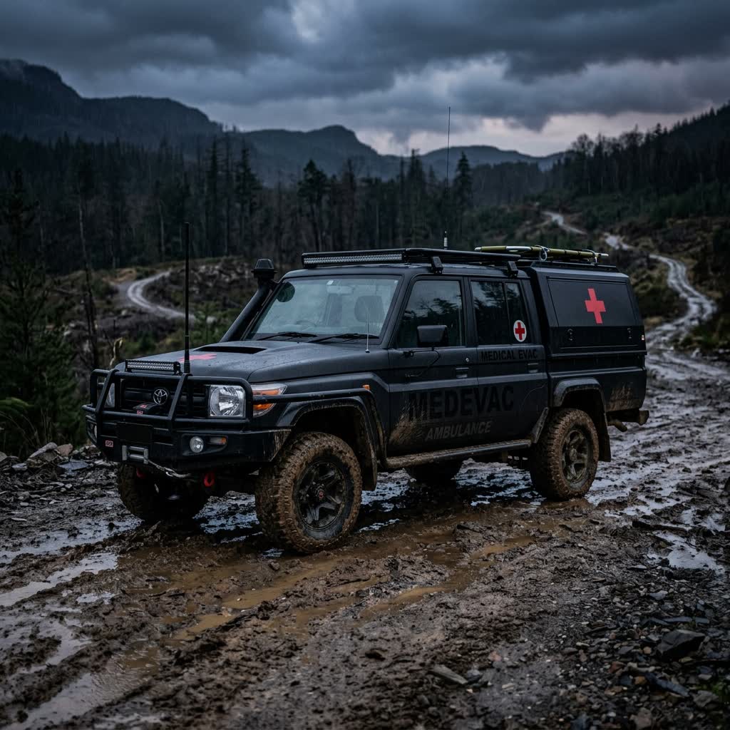 Black military 4WD medevac vehicle on rough terrain with red cross
