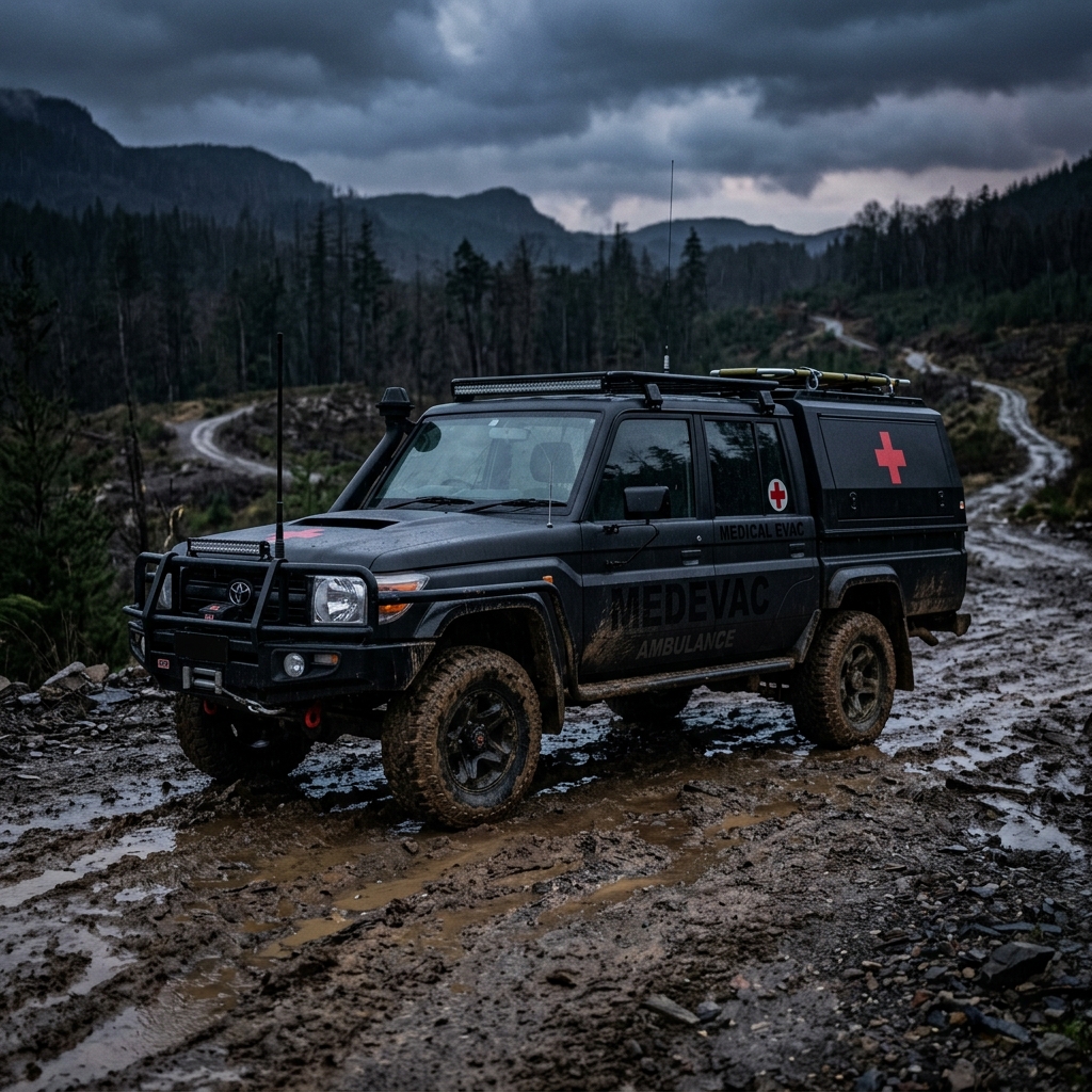 Black military 4WD medevac vehicle on rough terrain with red cross