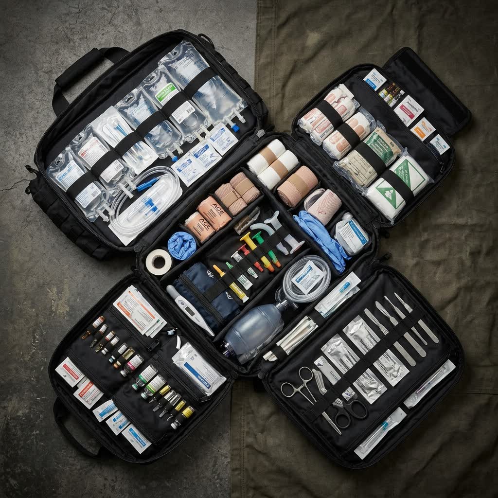 Large combat medic trauma bag open showing full medical supply contents