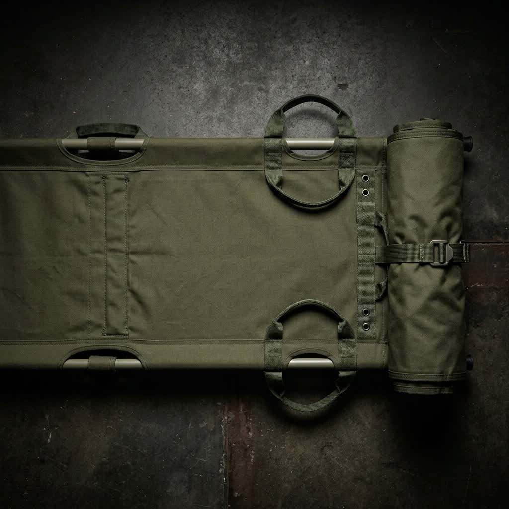 Military field folding stretcher with carry handles, olive drab canvas
